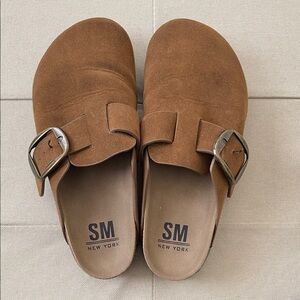 SM New York Tan Suede Buckle Slip-Ons